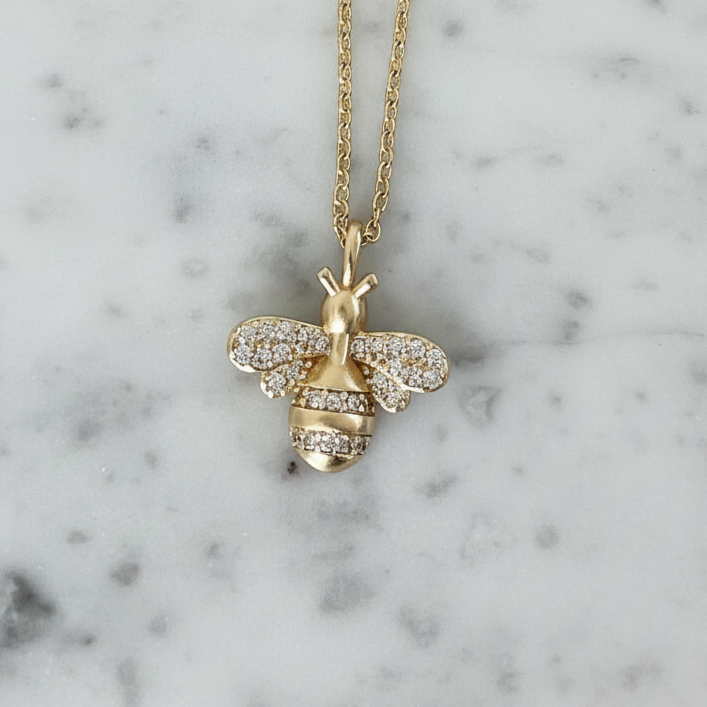 Brushed Gold CZ Bee Necklace