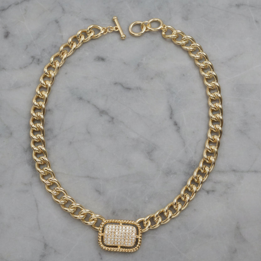 Gold Link Chain Necklace w/ Pave Insert