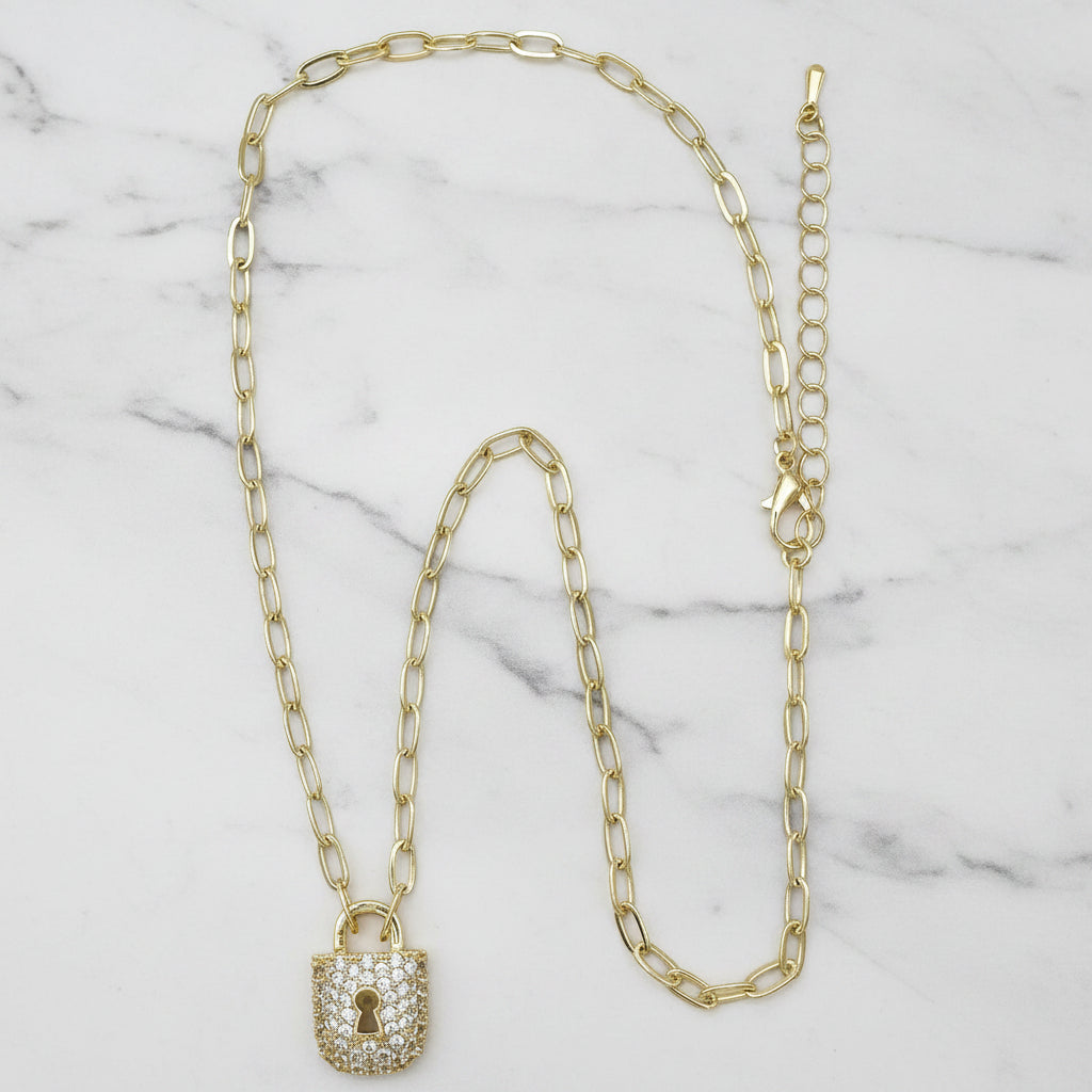 Gold Link Chain Necklace w/ Pave Lock