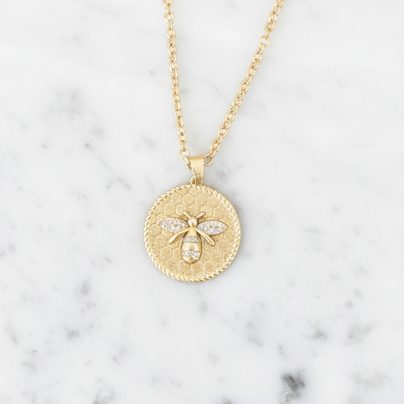 Gold Necklace w/ Bee & Hive Pendant - 16"