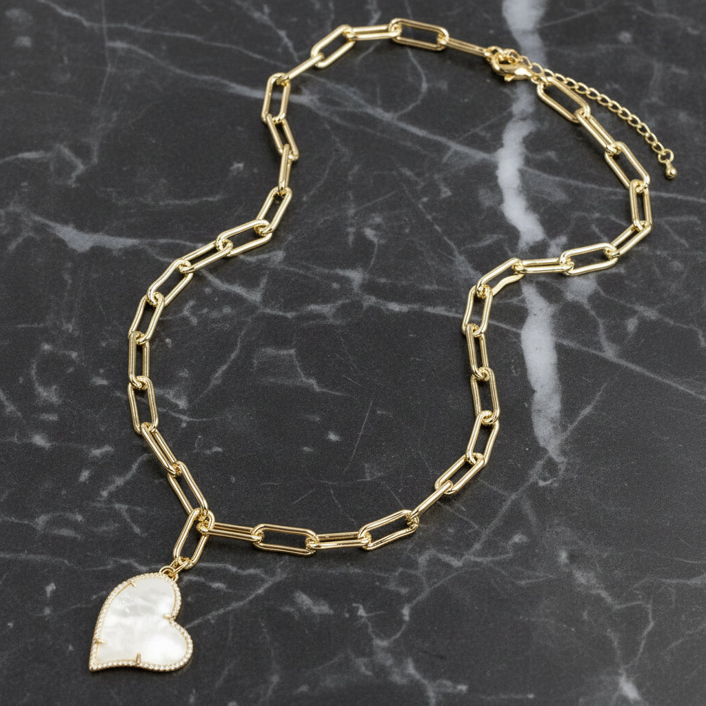 Gold Paper Clip Necklace w/ MOP Heart