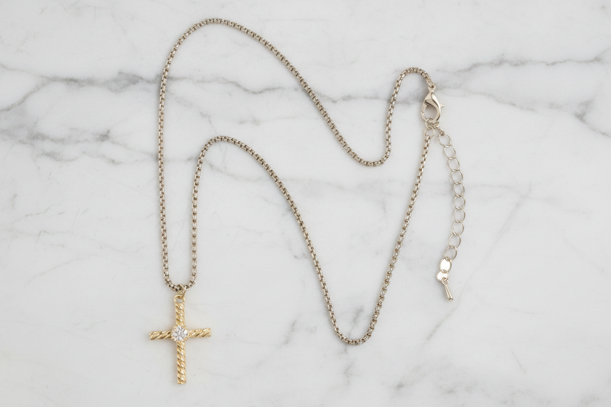 Silver Chain Necklace w/ Gold CZ Cross