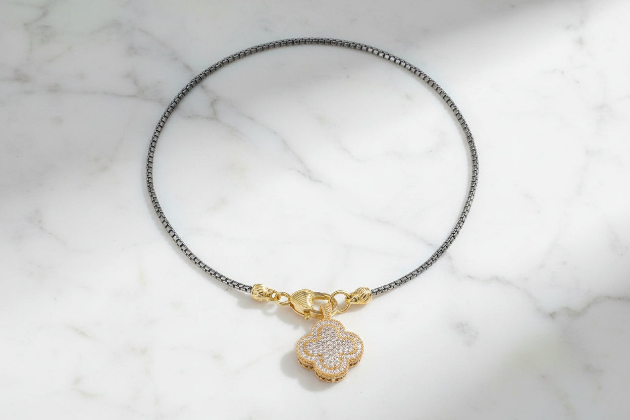 Silver Chain Necklace w/ Gold Pave Clover Pendant