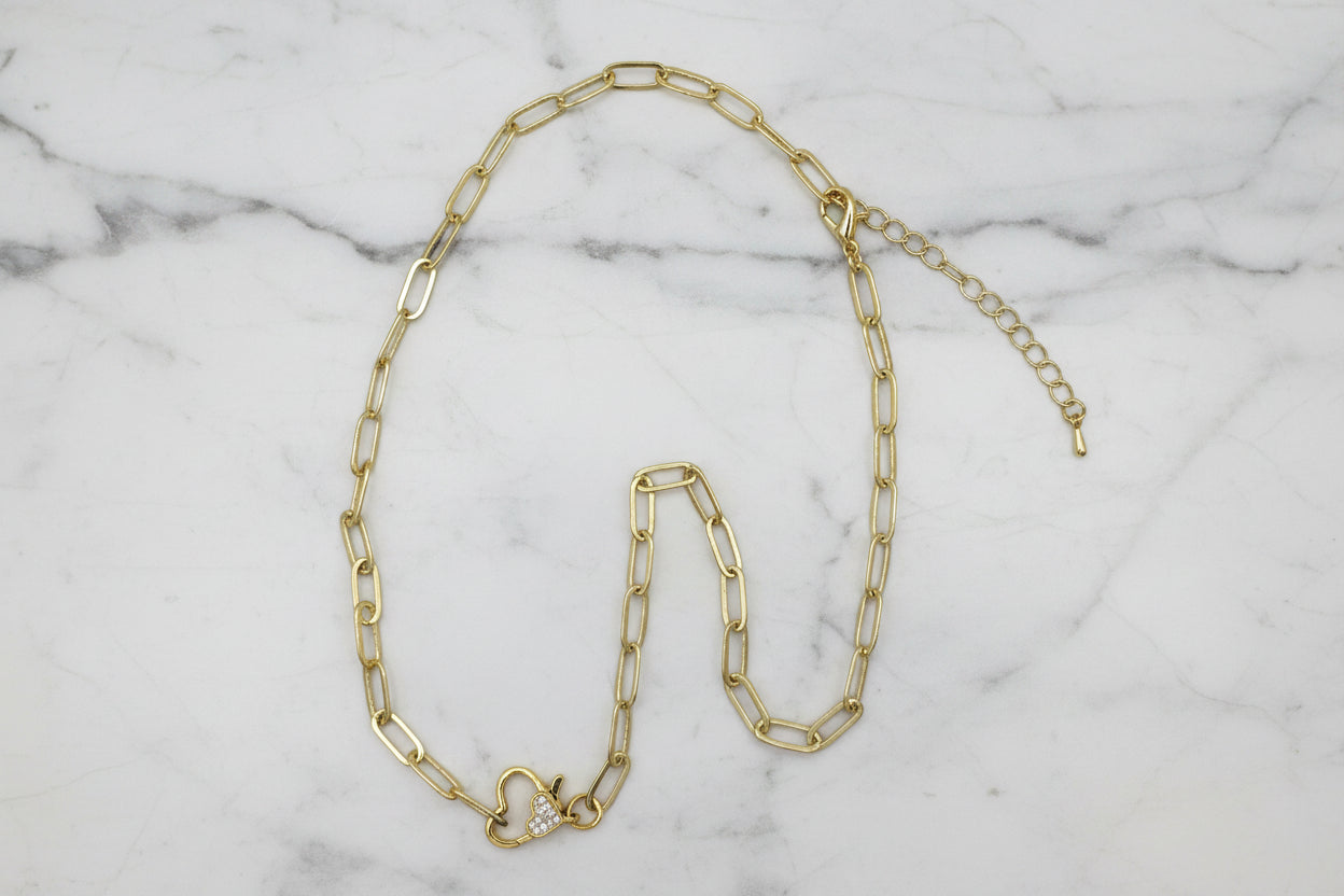 Small Paper Clip Chain Necklace w/ Heart Clasp