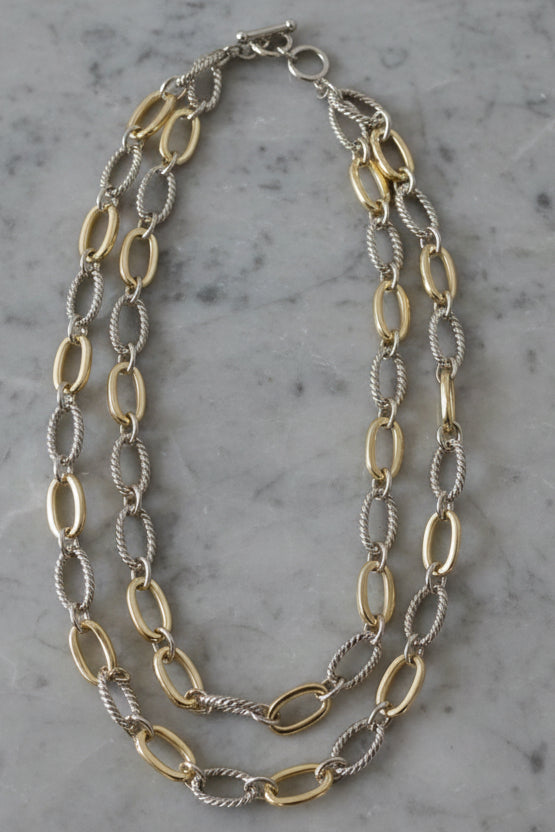 Lorena Two Tone 2-Row Link Chain Necklace in 17-inch length, featuring intertwined silver and gold-tone links.