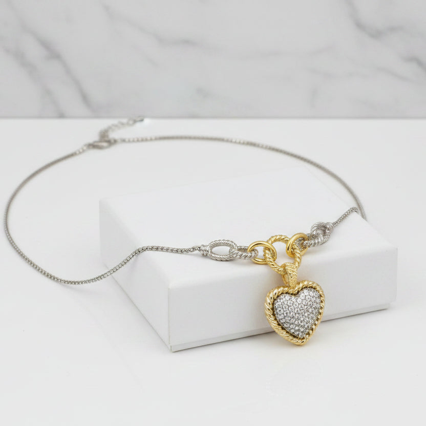 Lorena two-tone necklace with pave heart pendant, 17-inch length, elegant jewelry featuring mixed metal design and intricate detailing.