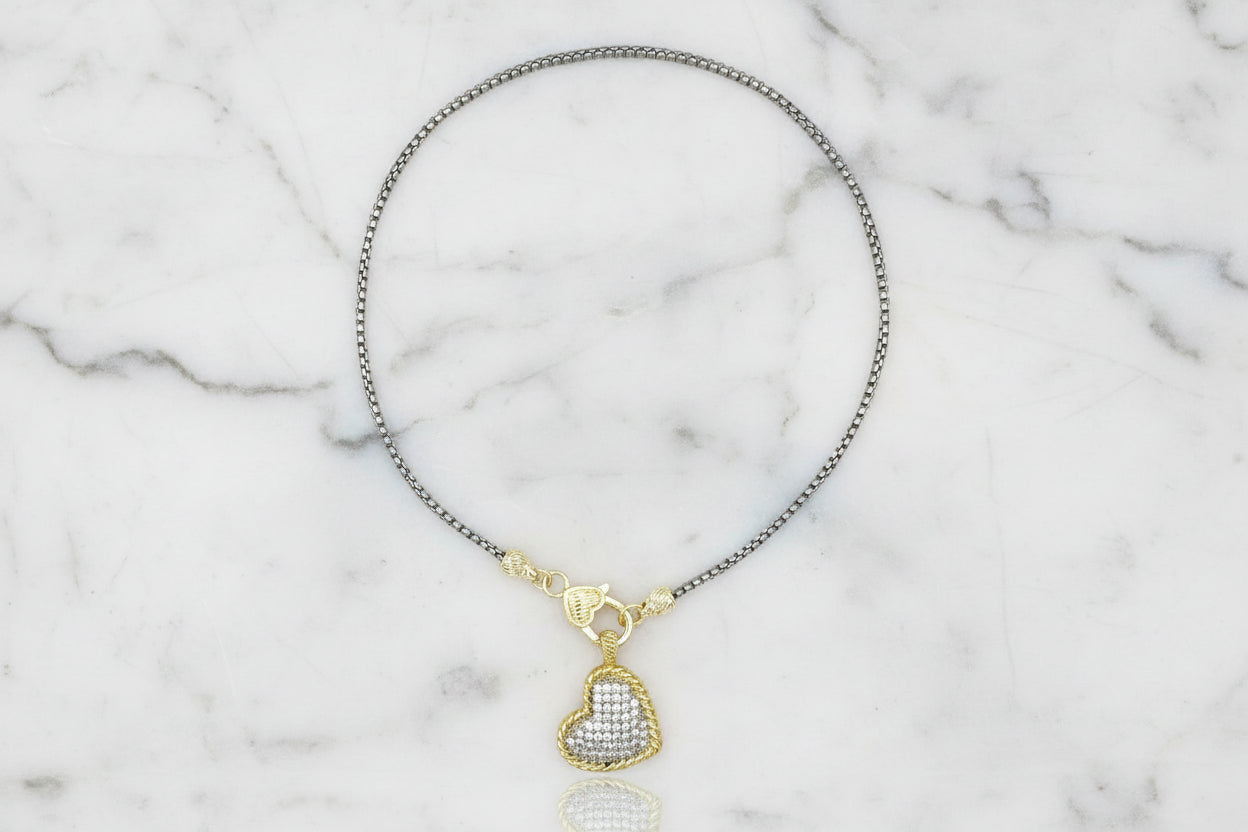Two Tone Necklace w/ Pave Heart Pendant