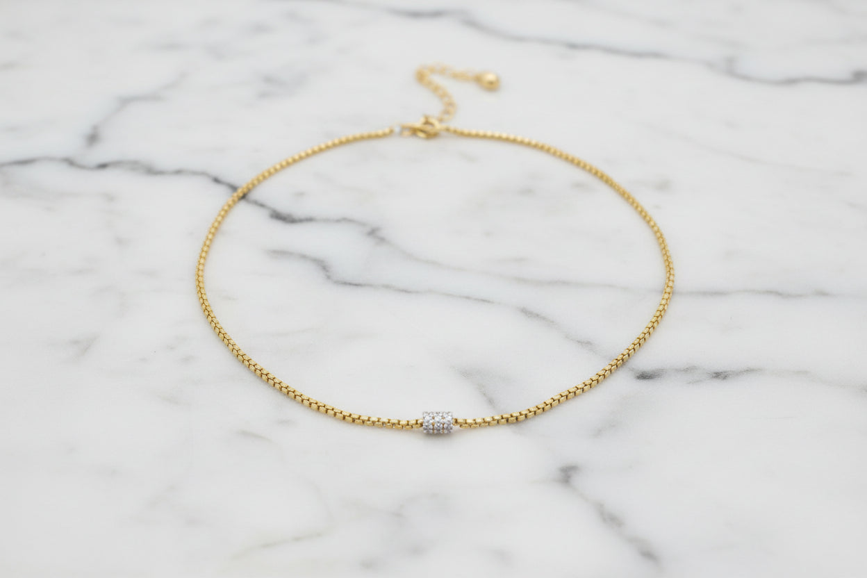 Box Chain Necklace w/ Pave Barrel - 17"