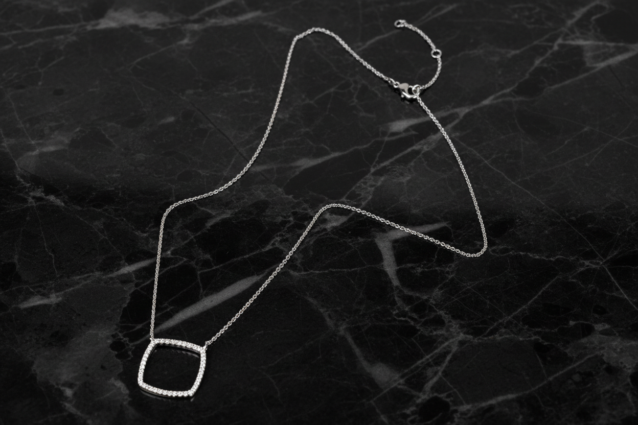 Lorena Pave 1/2" open single square necklace, 16-inch length, showcasing a silver-tone chain with square pendant design.