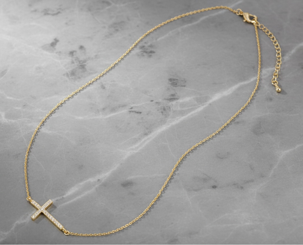 Sideways CZ Cross Necklace