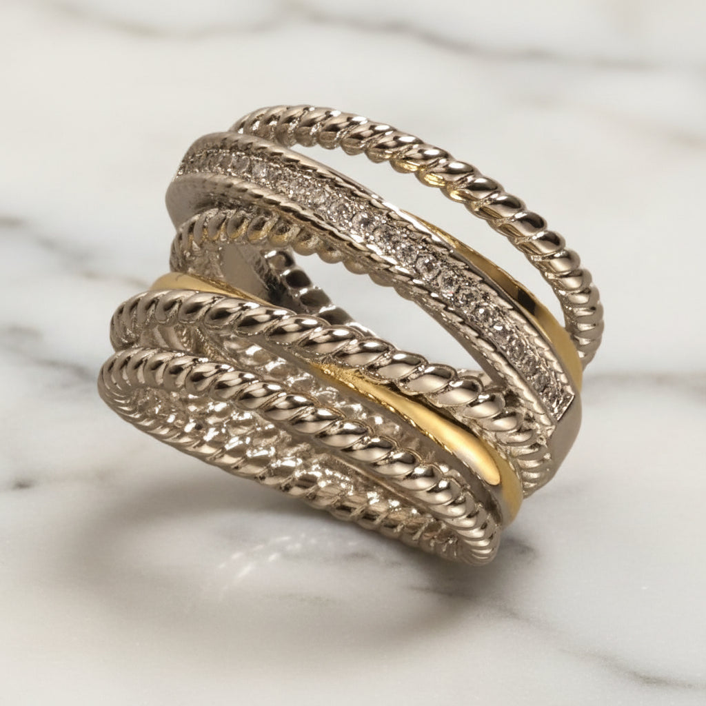 Two Tone Multi Strands Ring w/ CZs