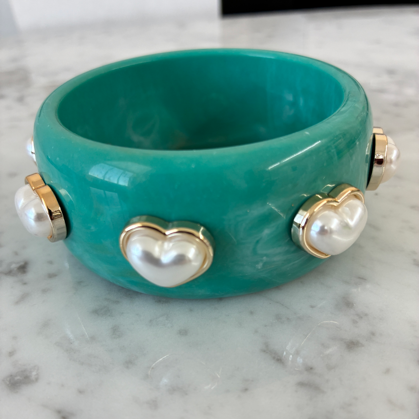 Chunky Acrylic Bangle w/ Pearl Hearts
