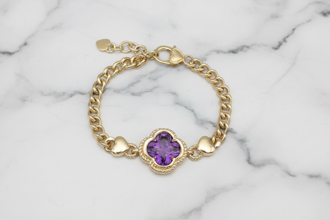 Gold Cuban CZ Clover Bracelet
