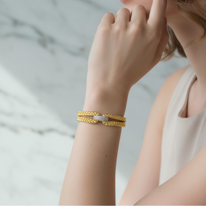 Gold Bangle with Silver Pave