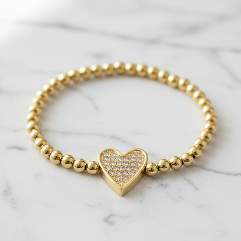 Gold Bead Pave Heart Bracelet
