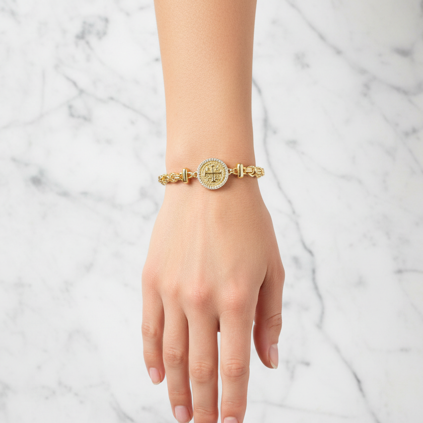 Gold Byzantine CZ Coin Bracelet