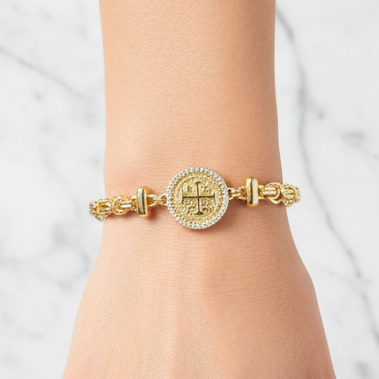 Gold Byzantine CZ Coin Bracelet