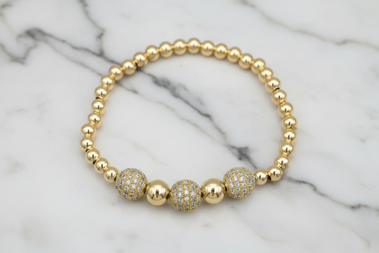 Gold Pave 3-Bead Bracelet
