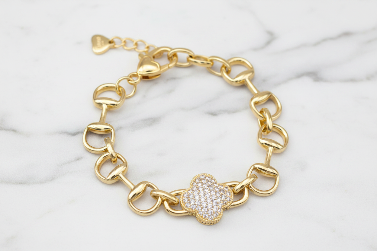 Gold Pave Horse Bit Clover Bracelet