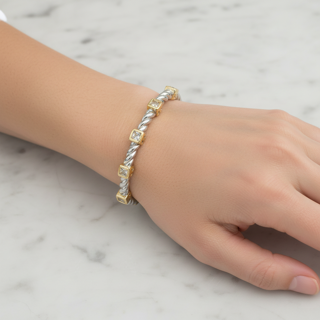 Two Tone Cable 5-Sq CZ Bangle