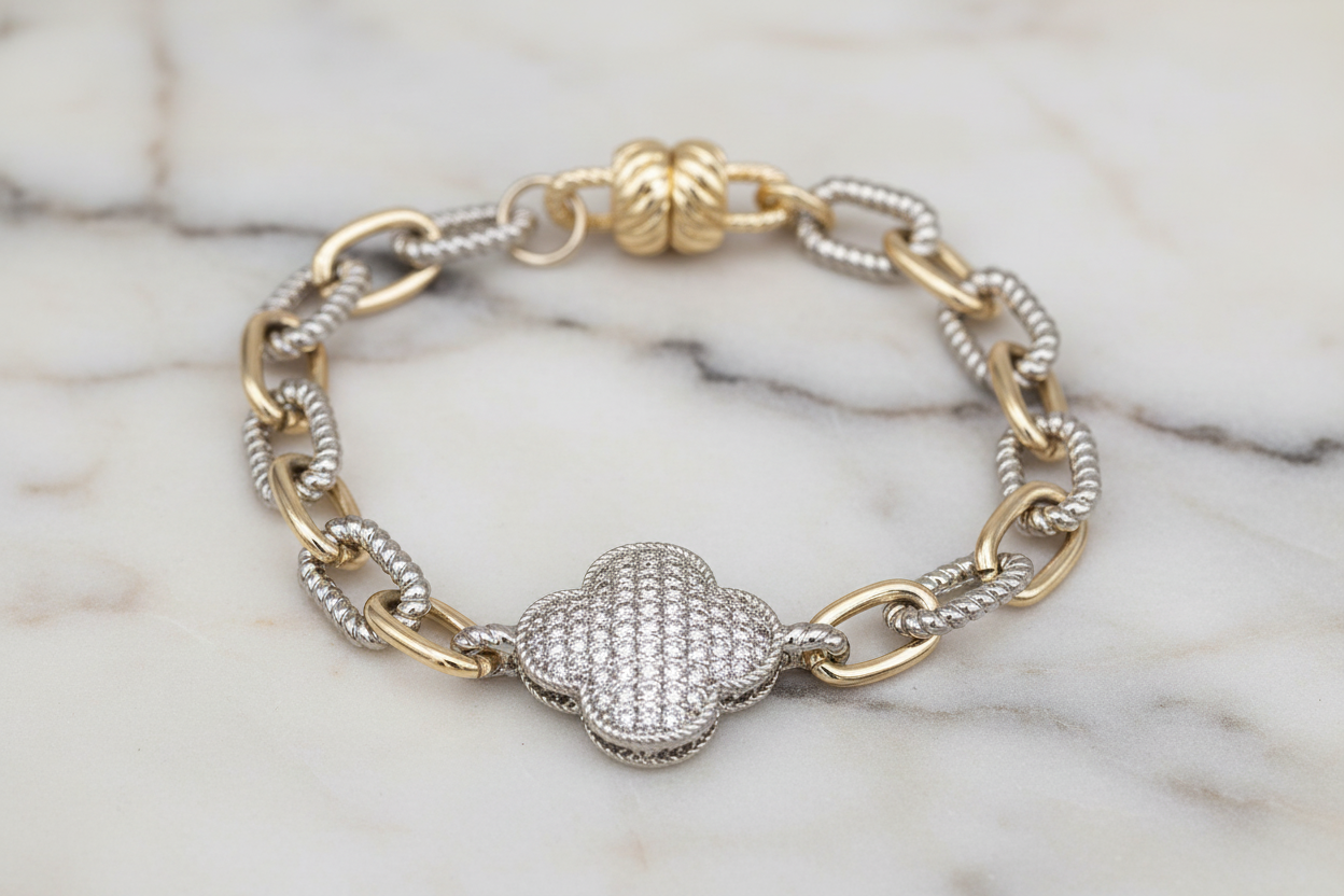 Two Tone Cable Link Clover Bracelet
