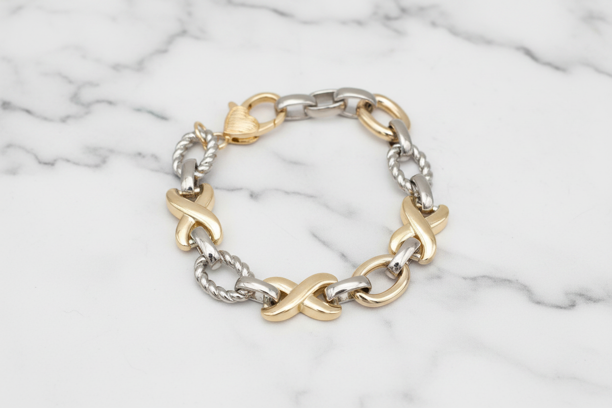 Two Tone Cable "X" Link Bracelet