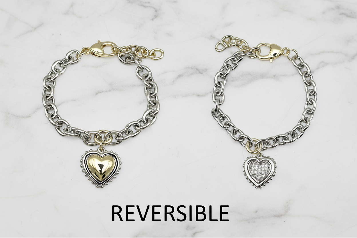 Two Tone CZ Pave Heart Reversible Bracelet