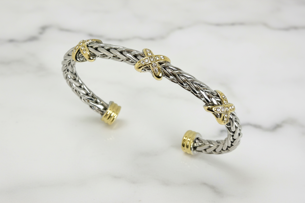 Two Tone CZ Ponytail "X" Bangle