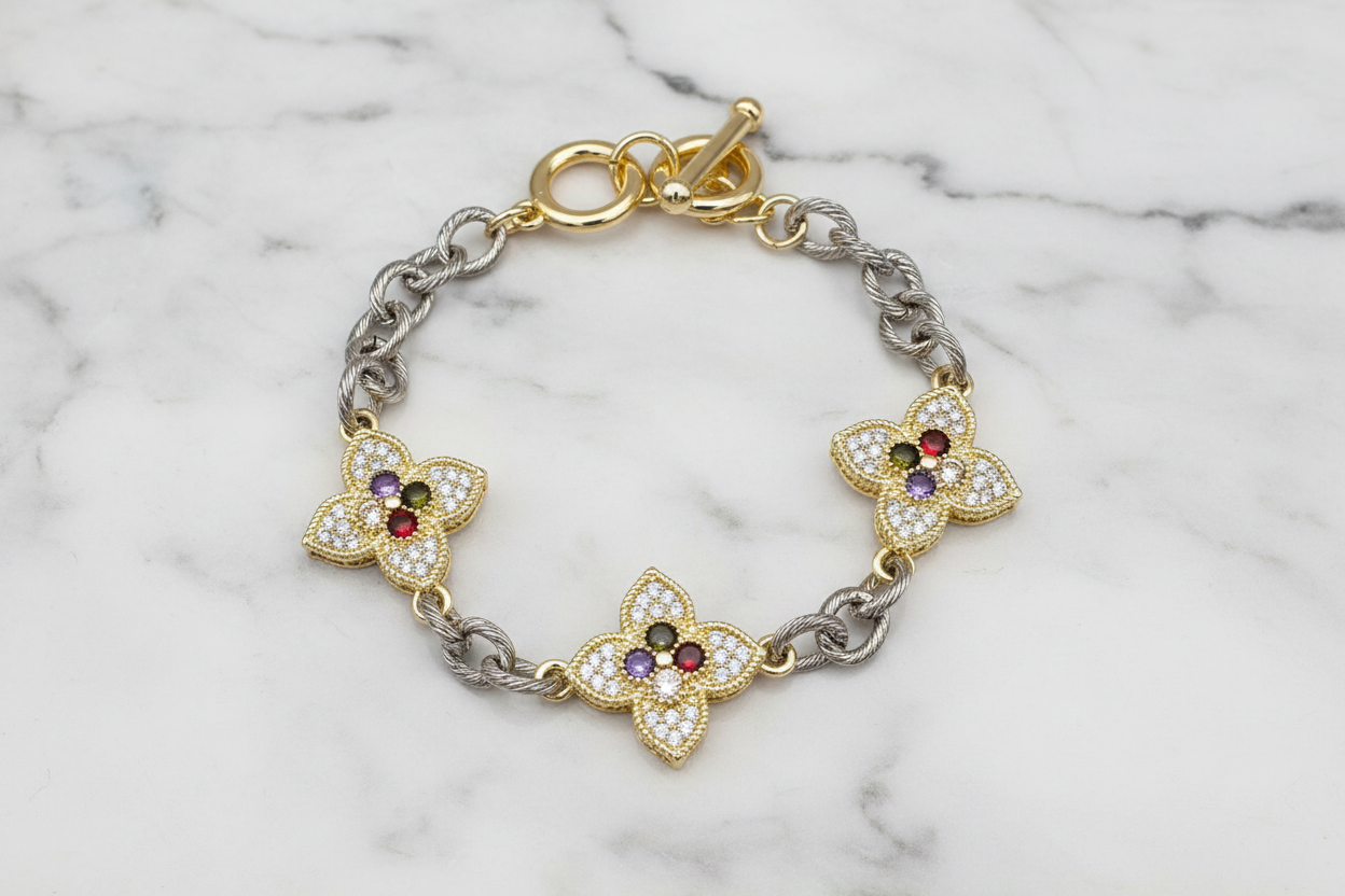 Two Tone Multi Stone Clover Bracelet