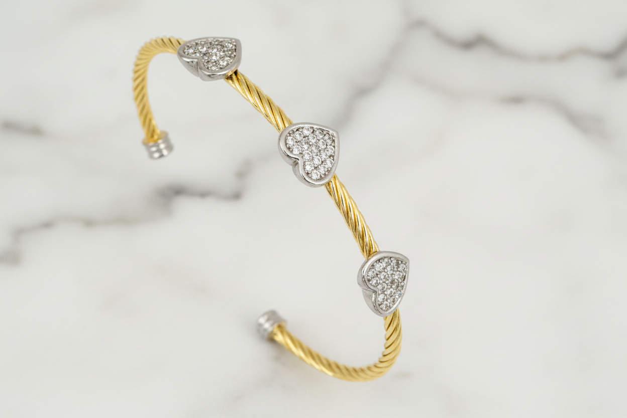 Two Tone Pave Cable 3-Heart Bangle