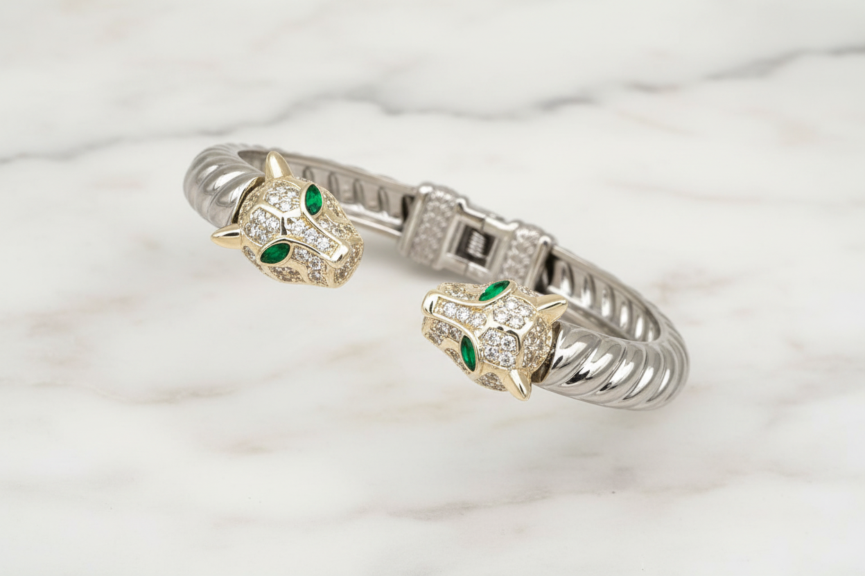 Two Tone Pave Cable Panther Bangle