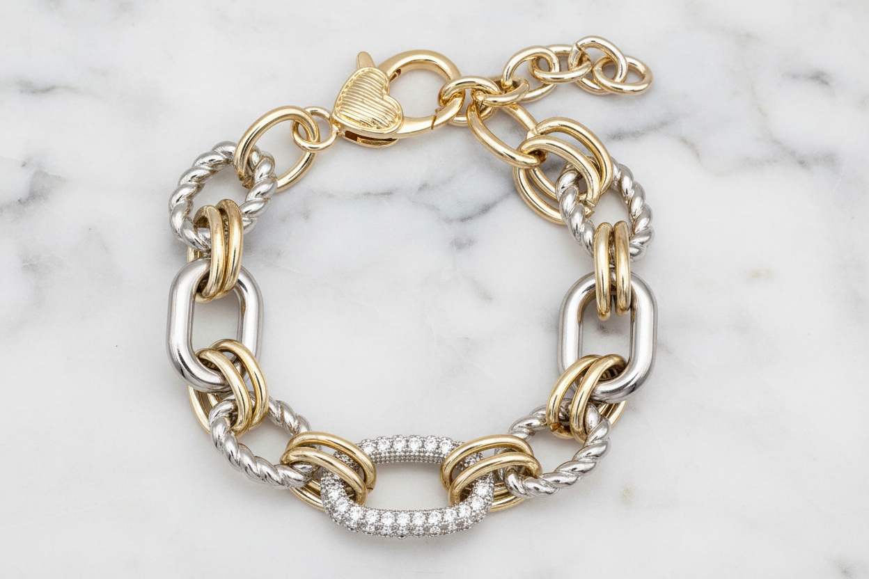 Two Tone Pave Oval Links Bracelet