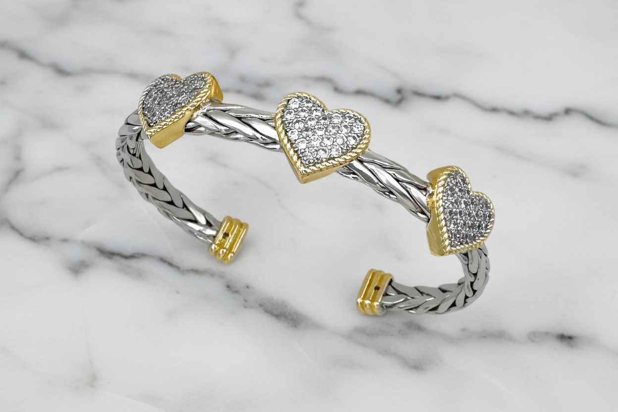 Two Tone Pave Ponytail 3-Heart Bangle