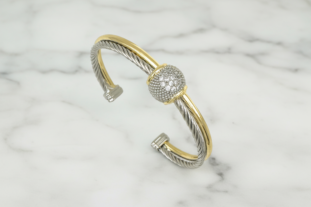 Two Tone Pave Round Center Bangle