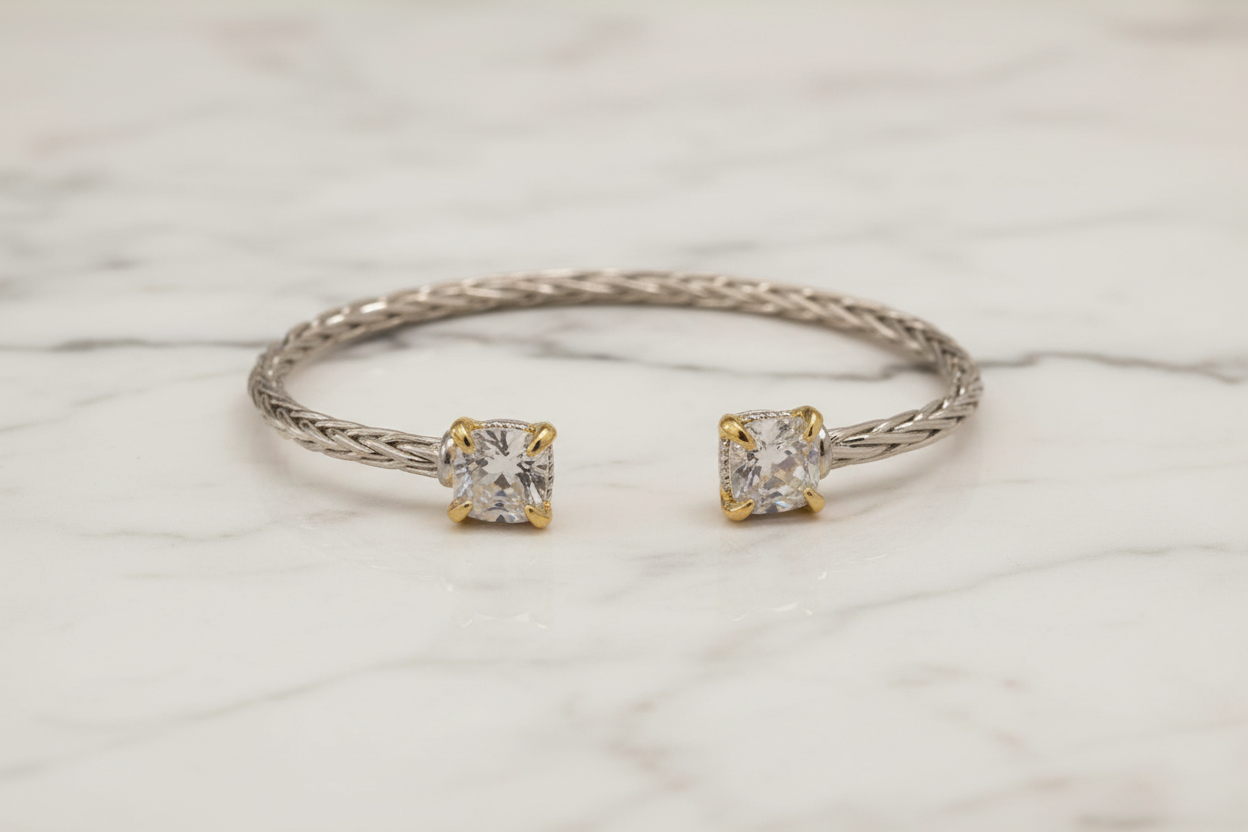 Two Tone Ponytail 3mm Square CZ Bangle