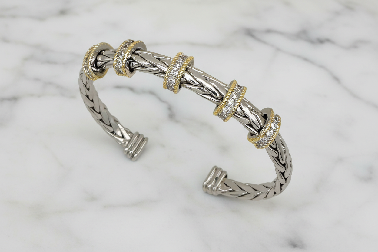 Two Tone Ponytail 5-Pave Bar Bangle