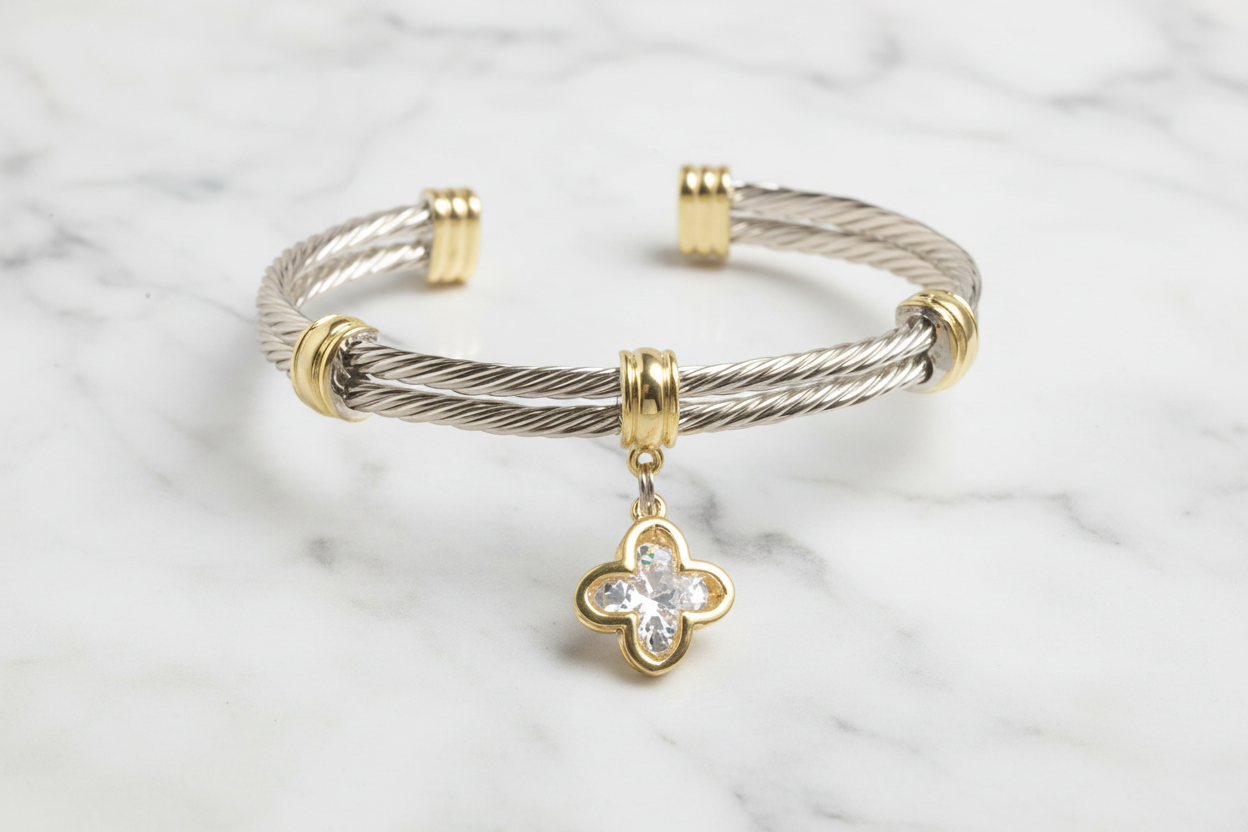 Two Tone Double Cable Clover Bracelet