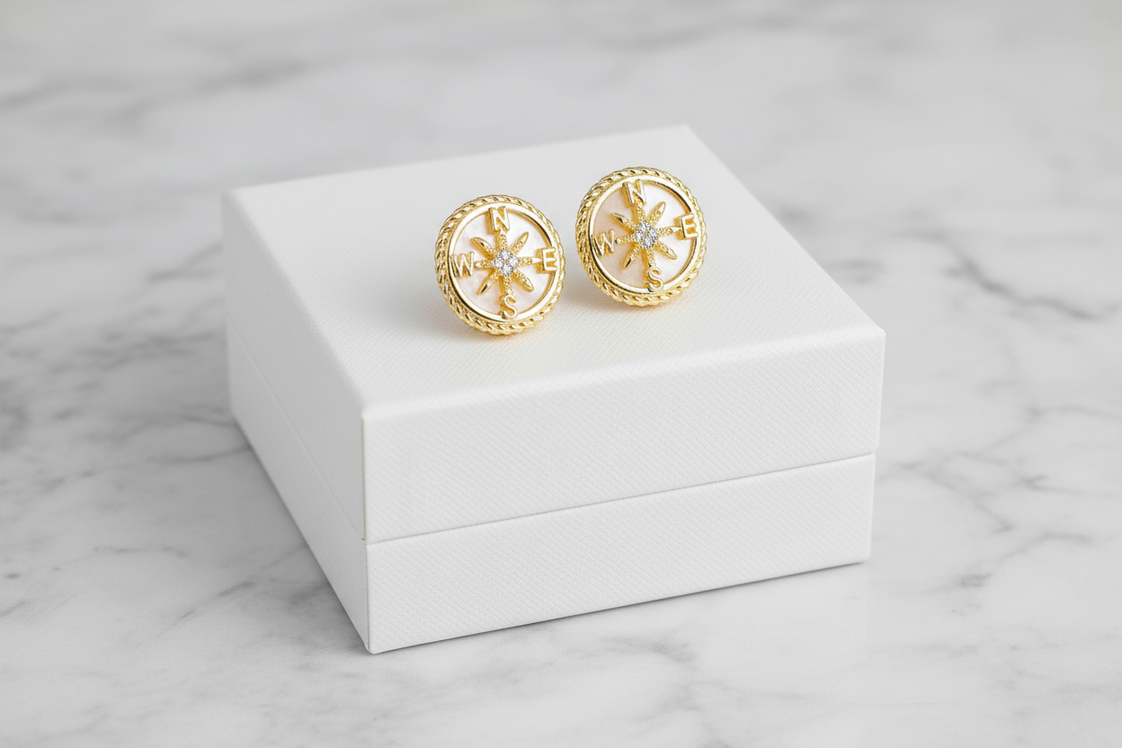 Gold Pave MOP Compass Earring