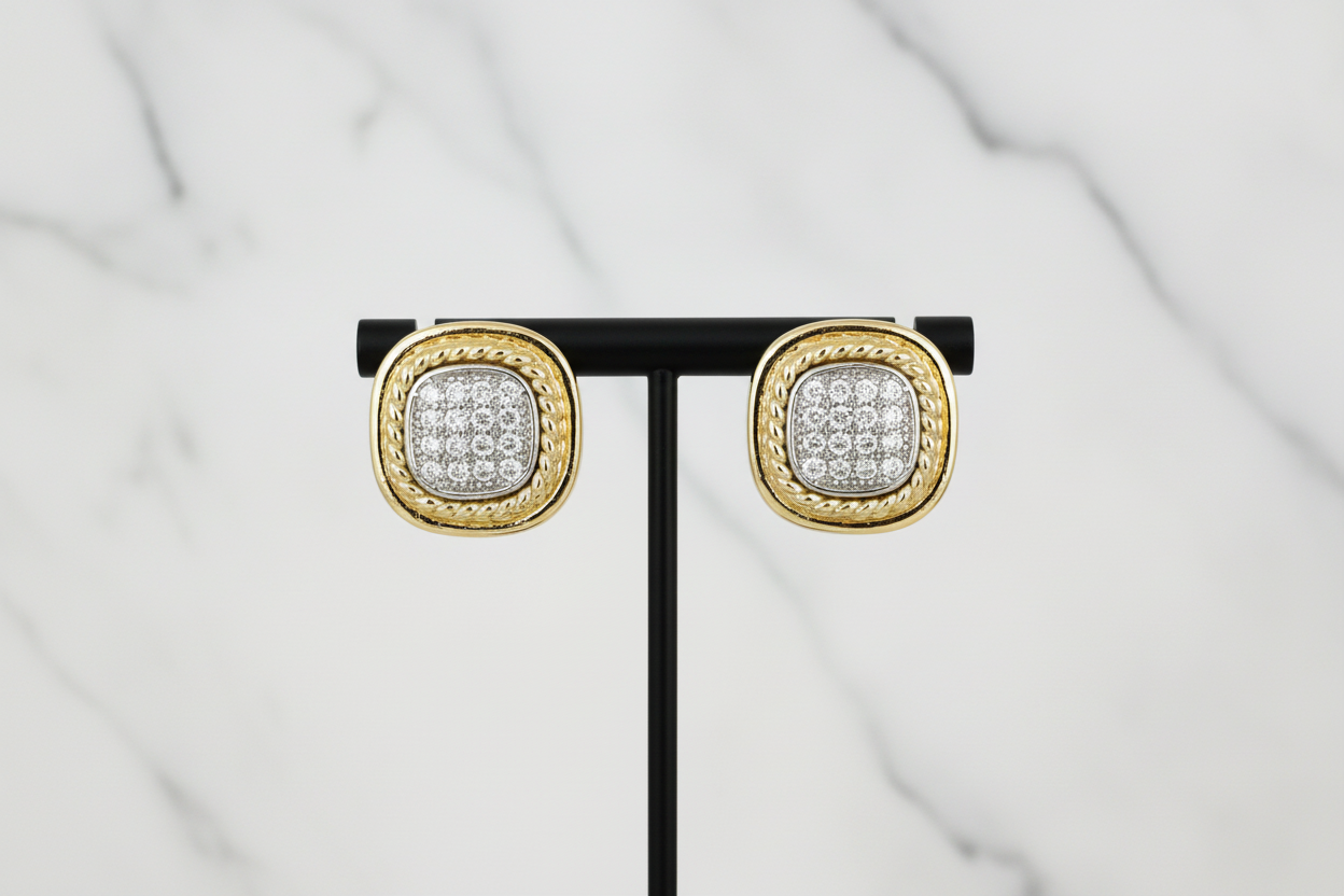 Gold Square 0.7" CZ Pave Earring