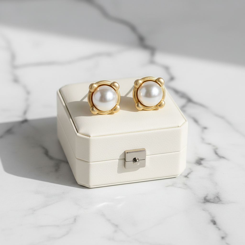 Matte Gold Round Button Pearl Earring