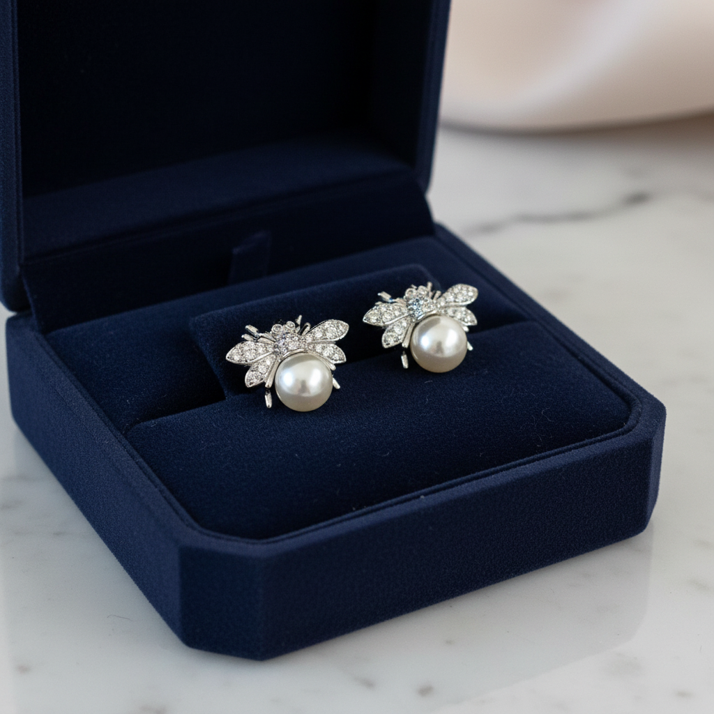 Silver Pearl Pave Bug Earrings