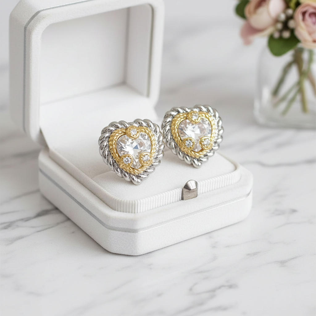 Two Tone Cable CZ Heart Earring