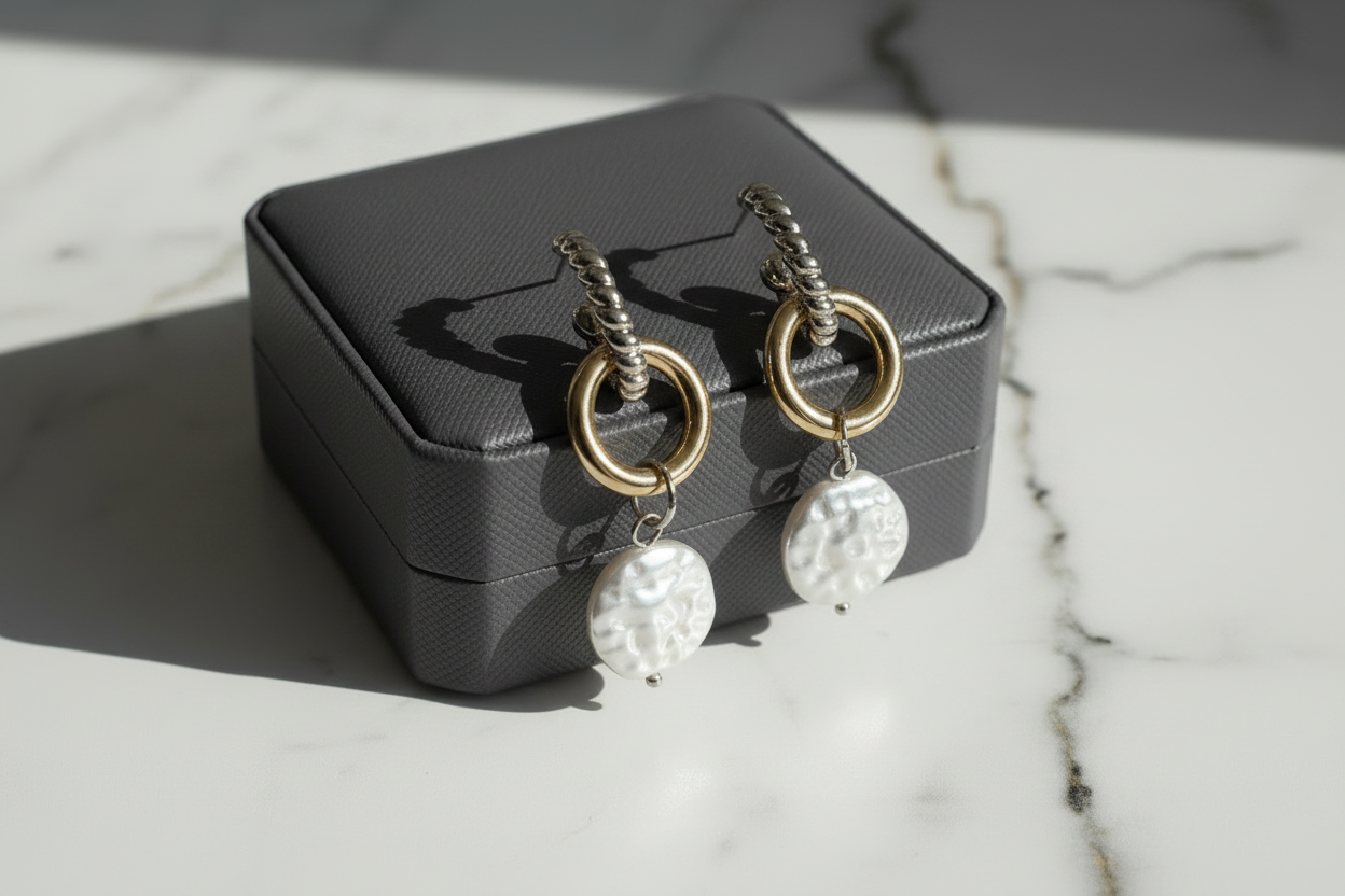 Two Tone Dangling Disc Pearl Earring