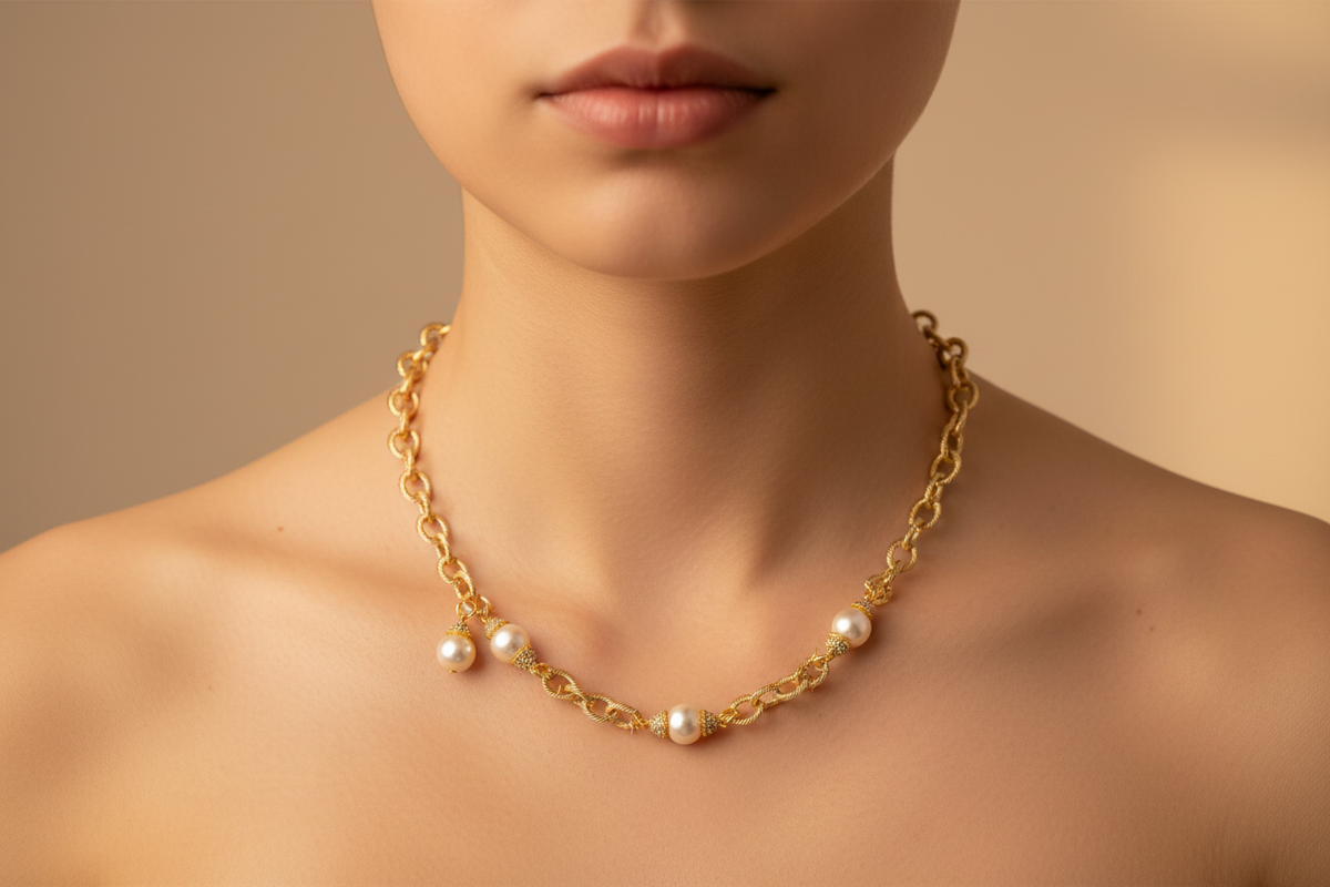 Gold 3-Pave Pearl Necklace