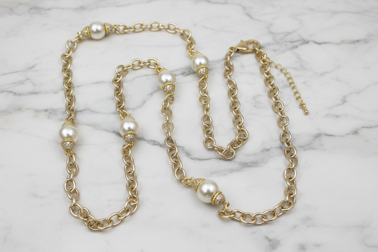 Gold 3-Pave Pearl Necklace