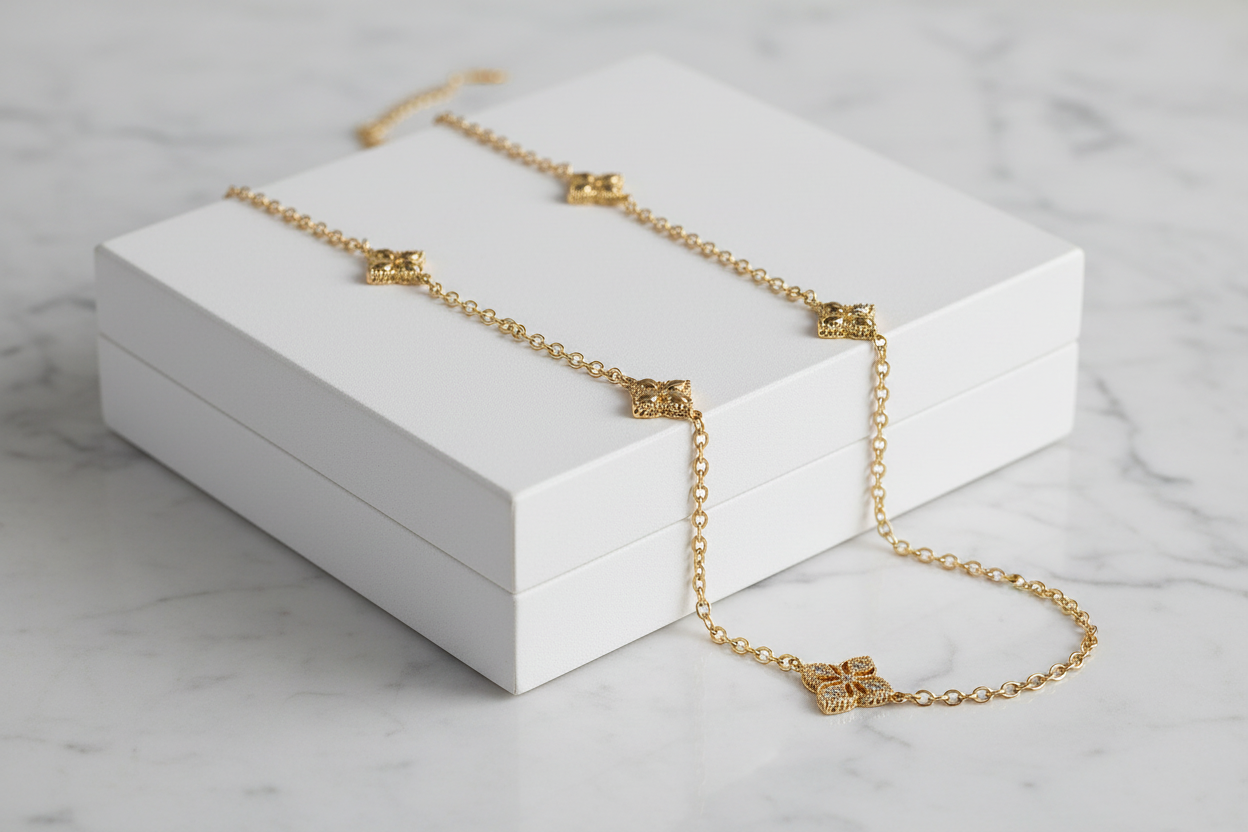 Gold 6-Pave Clover Necklace - 36"
