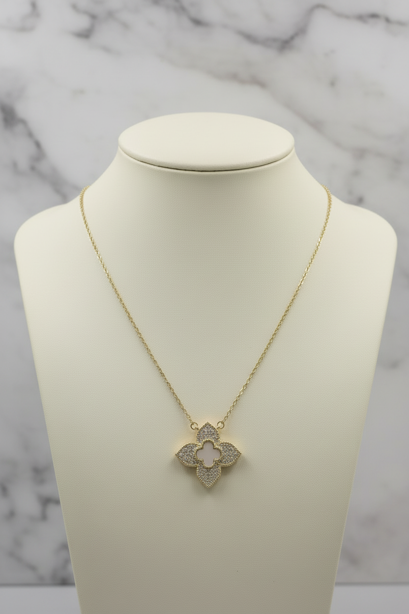 Gold MOP Pave Clover Necklace