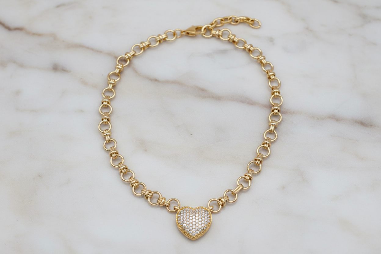 Gold Omega Link CZ Heart Necklace