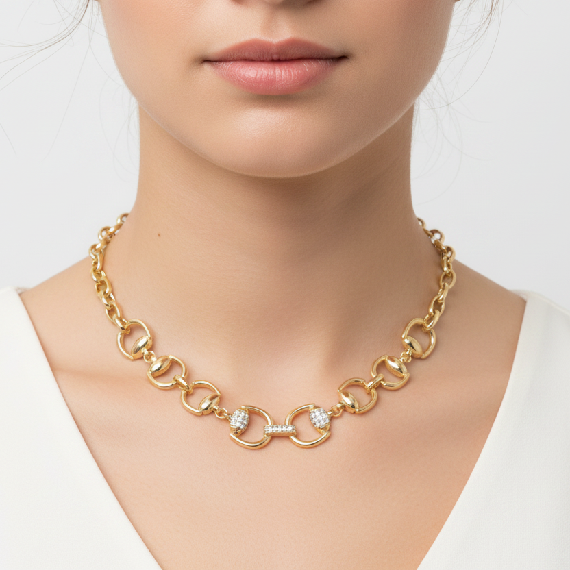 Gold Pave Horse Bit Link Necklace