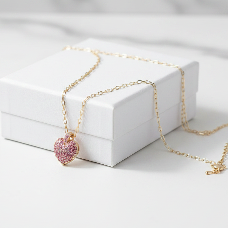 Gold Rose Pave Heart Necklace
